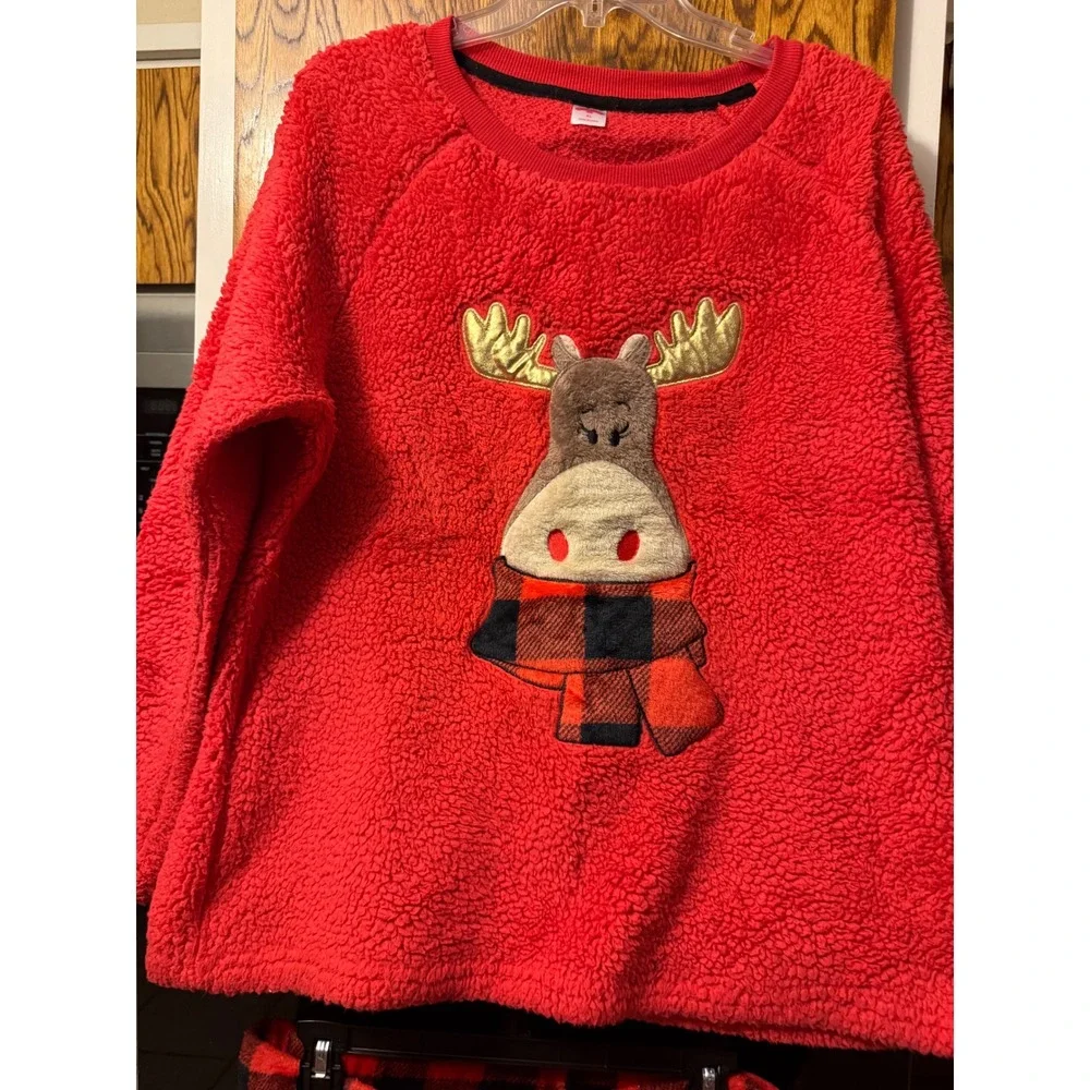Holiday Time Womens Red Sherpa Reindeer Pajama Set XL Buffalo Plaid Fleece 2PC‎